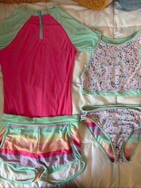 Eddie Bauer Girls 4-Piece Reversible Swimsuit Set Rash Guard UPF 50+ Pink Mint